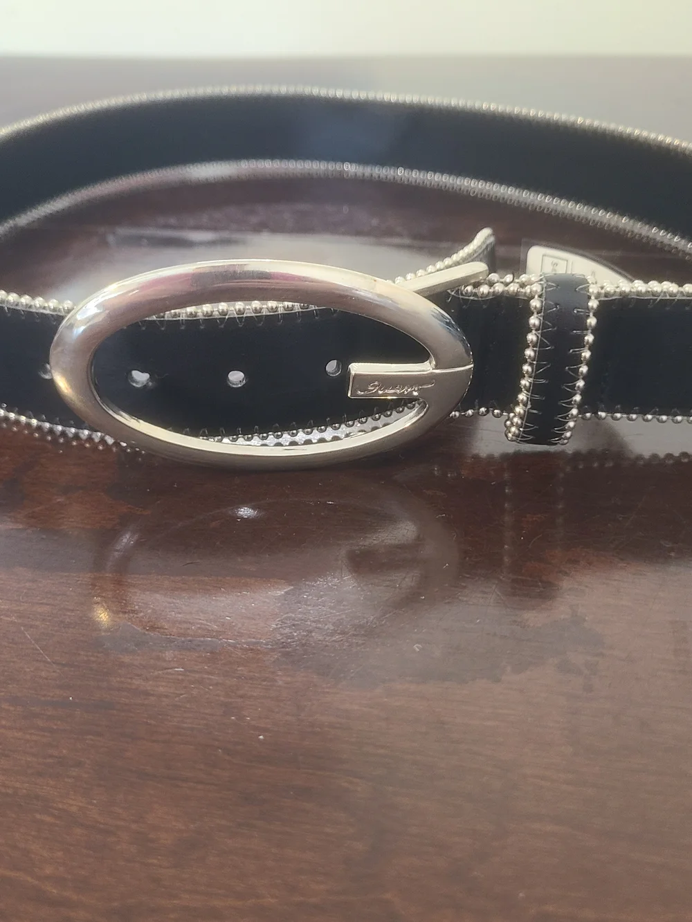 Guess Black Leather-Look Belt with Silver Beaded Edge